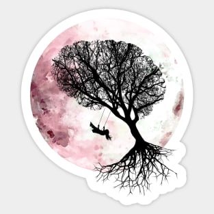 Pink moon, tree and young girl on swing ,cute, space, night, aesthetic, nature Sticker